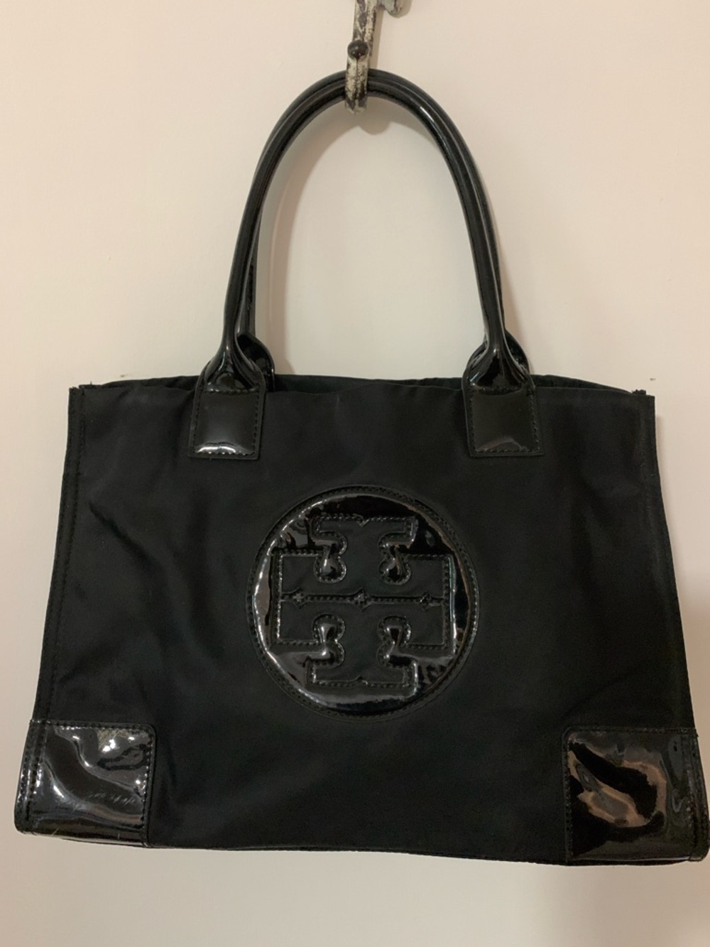 Tory Burch Black Nylon Tote with Patent Logo Medallion